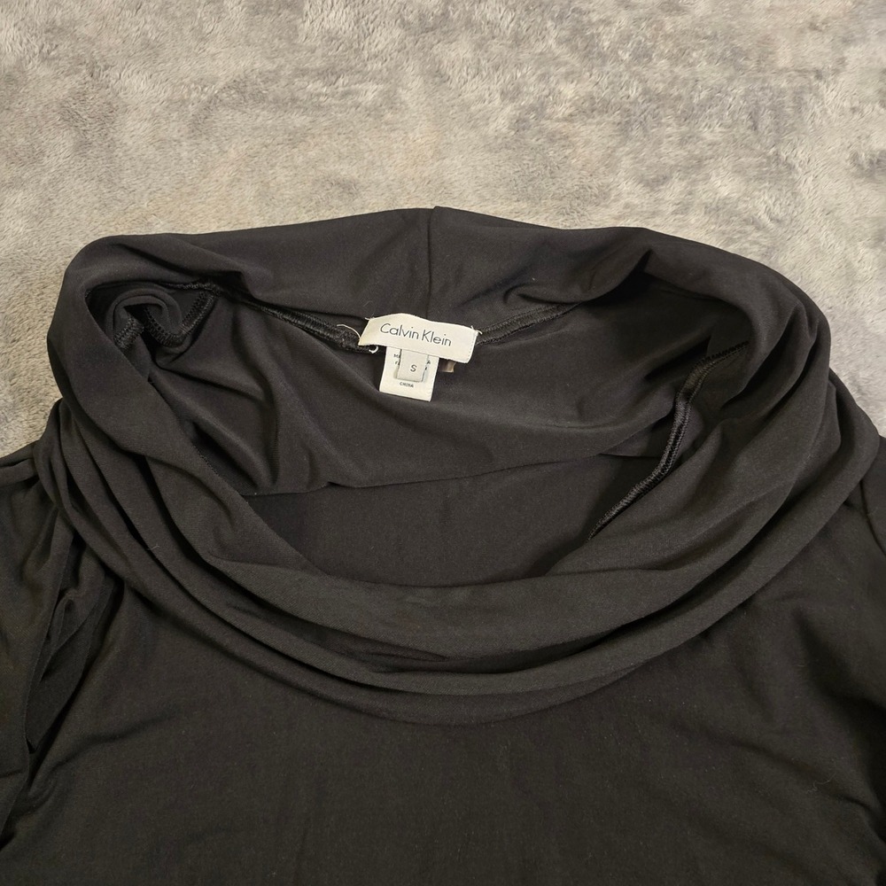 Chic Black Cowl Neck Midi Dress Small Ruched Draped Bodycon Cocktail Party Gala - Picture 8 of 16